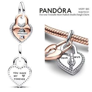 PANDORA Two-tone Twistable Heart Padlock Double Dangle Charm w/box